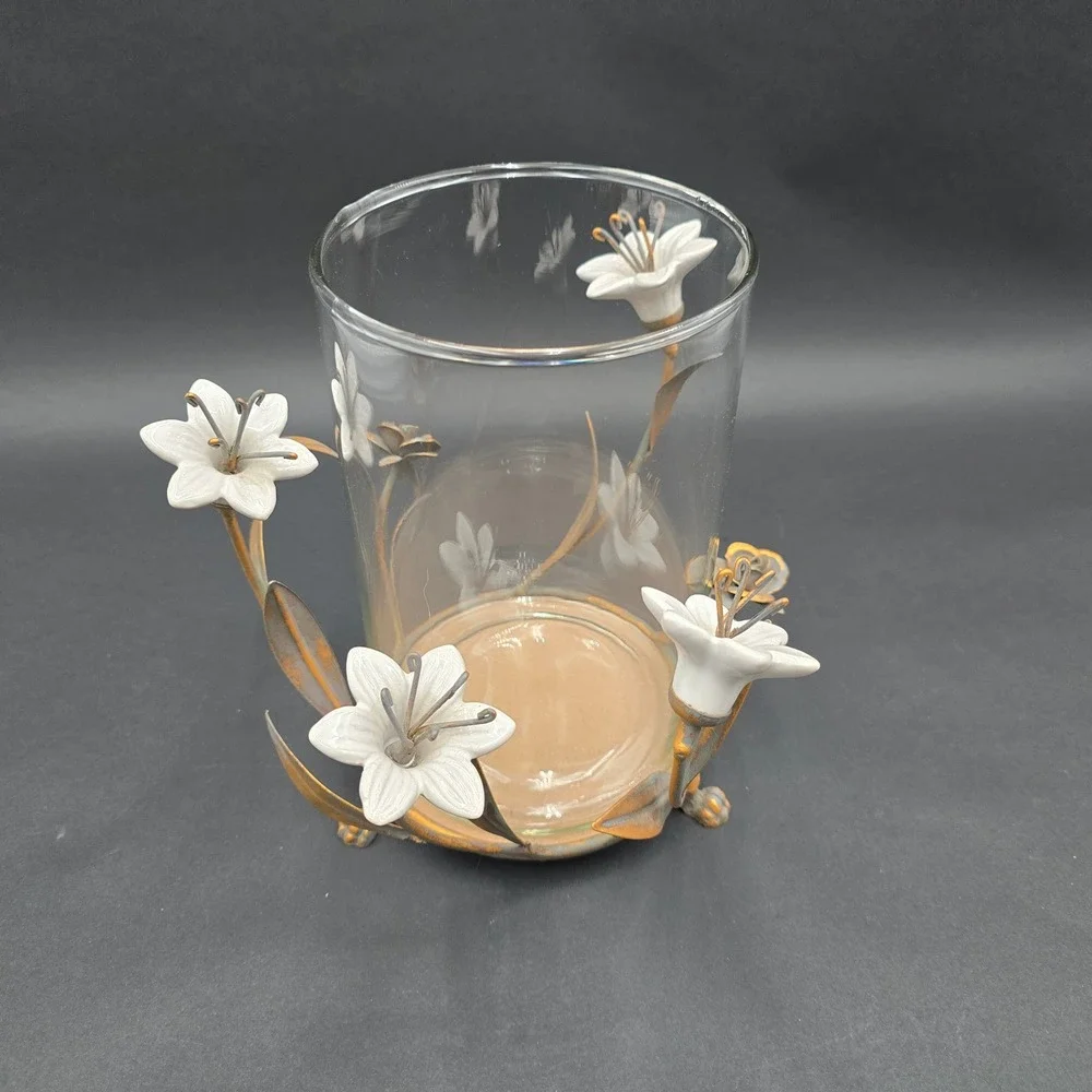 Vintage Ceramic Lily Floral Glass Vase Candle Holder Metal Base Centerpiece
